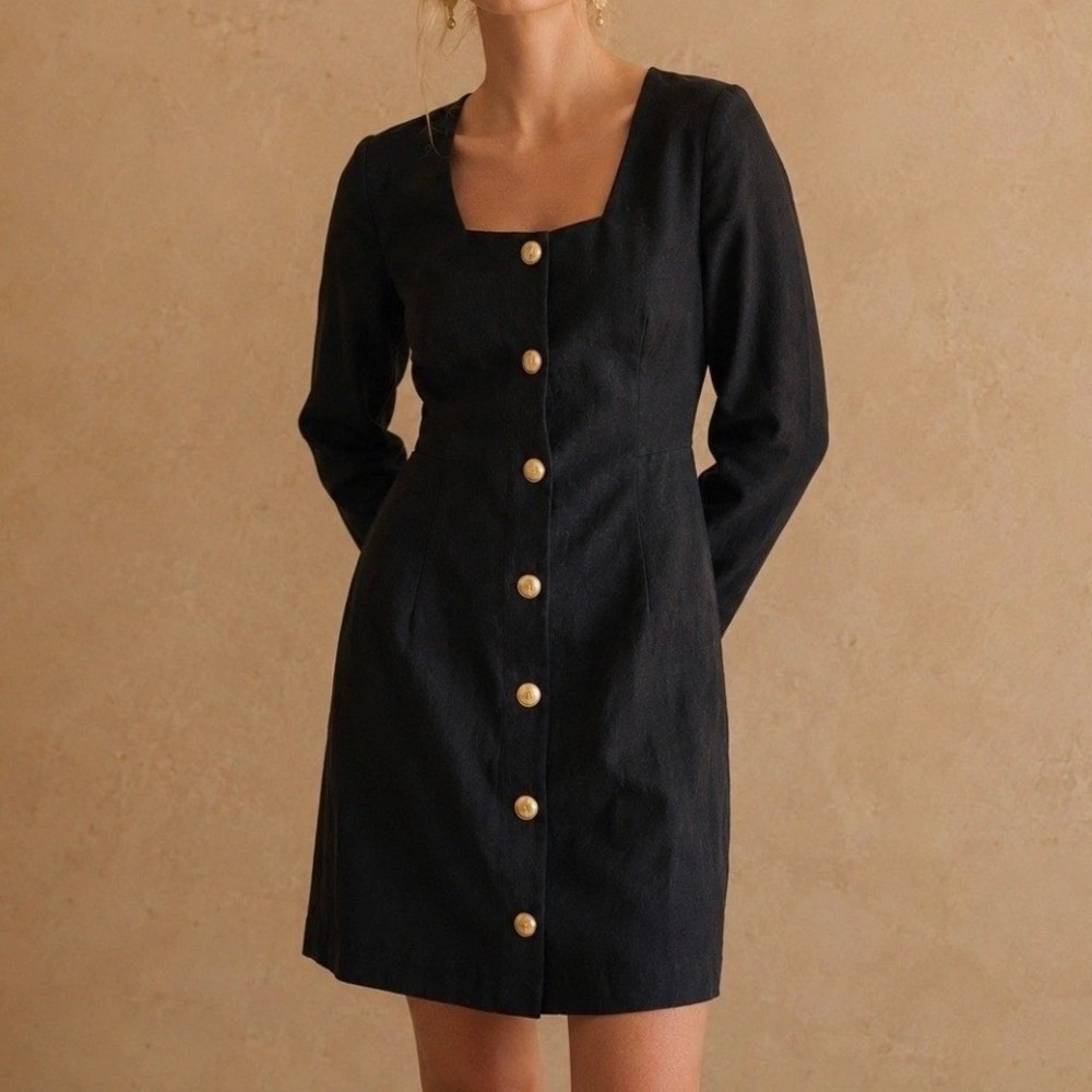 NWT J.Crew Mini Dress Black Linen Blend Gold Crest Button Front Square Neck 4